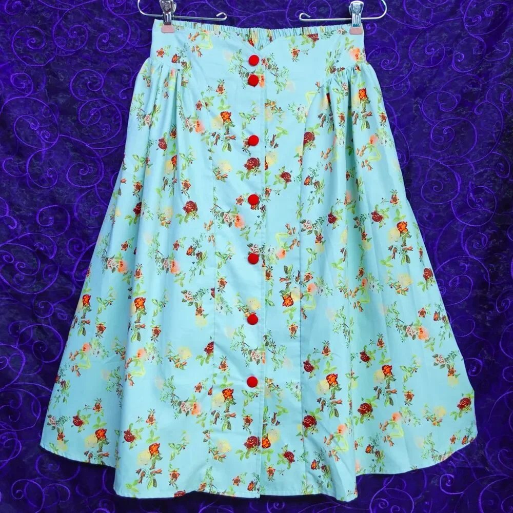 Vintage Reproduction High Waisted Pinup Rockabilly Skirt Blue Red Floral Midi